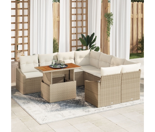 Juego de Comedor de Jardín de 9 piezas con Cojines Beige de Ratán Poliéster Acacia
