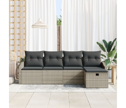 Set de Sofá de Jardín de 5 Piezas con Cojines Gris Claro Poliratán