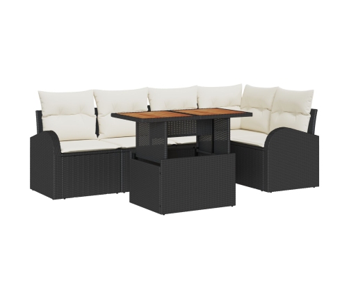 Conjunto de Comedor de Jardín de 6 Piezas con Cojines Negro Poliratán Acacia