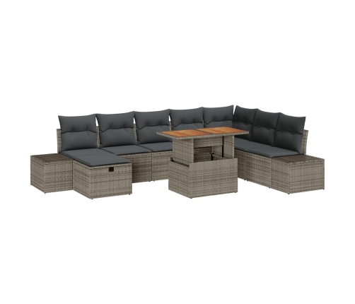 Conjunto de Comedor de Jardín de 9 Piezas con Cojines Gris de Ratán Poliéster