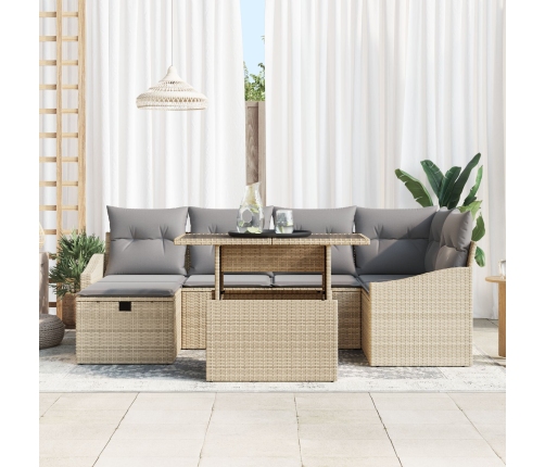 Conjunto de Sofá de Jardín de 7 Piezas con Cojines Beige Poliratán