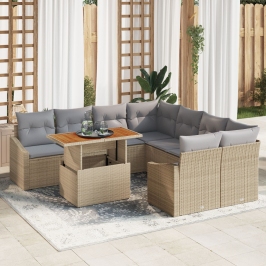 Conjunto de Comedor de Jardín de 9 Piezas con Cojines Beige de Ratán y Acacia