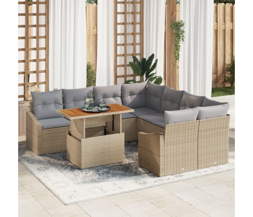Conjunto de Comedor de Jardín de 9 Piezas con Cojines Beige de Ratán y Acacia