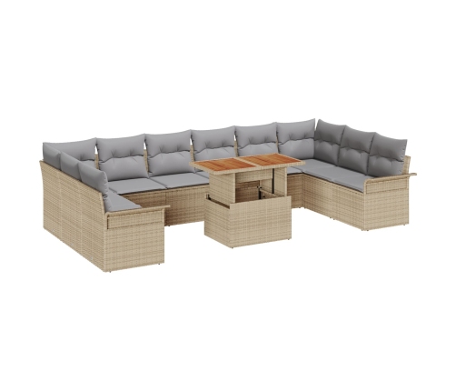 Conjunto de Comedor de Jardín de 11 Piezas con Cojines Beige Poli Ratán Acacia