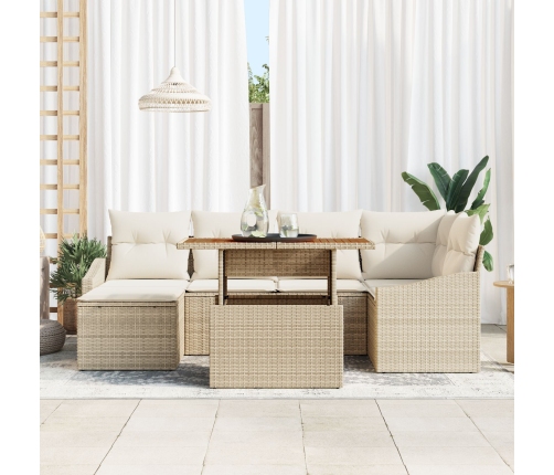Conjunto de 7 Piezas para Comedor de Jardín con Cojines Beige de Rattan Sintético y Acacia