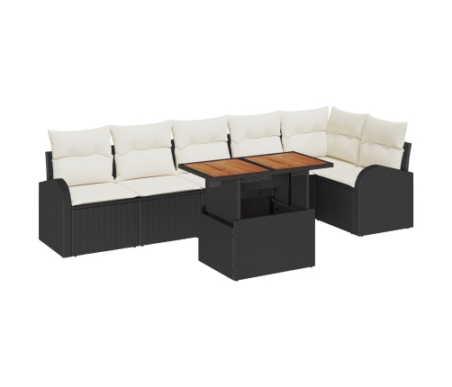 Juego de Comedor de Jardín de 7 Piezas con Cojines Negro Poliratán Acacia