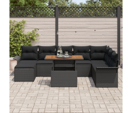 Conjunto de Comedor de Jardín de 9 Piezas con Cojines Negro Ratan Poliéster Acacia