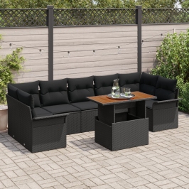 Set de Sofá de Jardín  de 8 Piezas con Cojines Negro Poliratán Acacia