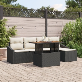 Set de Comedor de Jardín de 6 Piezas con Cojines Negras de Rattan de Poliéster