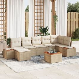 Juego de Sofá de Jardín de 8 Piezas con Cojines Beige de Ratán Poli y Acacia