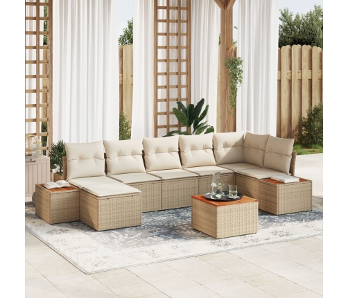 Juego de Sofá de Jardín de 8 Piezas con Cojines Beige de Ratán Poli y Acacia