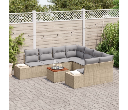 Conjunto de Sofá de Jardín de 9 Piezas con Cojines Beige Ratán Poliéster Acacia
