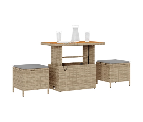 Conjunto de Jardín de Comedor de 3 Piezas con Cojines Beige de Poliratán y Acacia