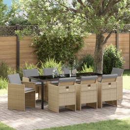 Juego de Comedor de Jardín de 9 Piezas con Cojines Ratán Poli Beige