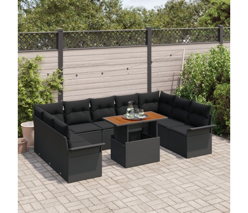 Juego de Comedor de Jardín de 10 Piezas con Cojines Negro Poliratán Acacia