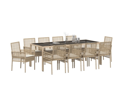 Juego de Comedor de Jardín de 11 Piezas con Cojines Beige Poliratán