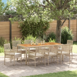 Conjunto de Comedor de Jardín  de 9 Piezas con Cojines Beige de Ratán de Polietileno