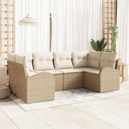 Conjunto de Sofá de Jardín de 6 Piezas con Cojines Beige Ratán Poliéster