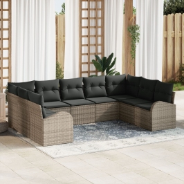 Juego de Sofás de Jardín  Set de 9 Gris Ratán, Poliéster