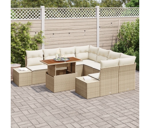 Set de Sofá de Jardín de 9 Piezas con Cojines Beige de Ratán Poliéster