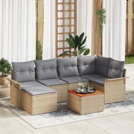 Juego de Sofás de Jardín de 7 Piezas con Cojines Beige Poliratán Acacia