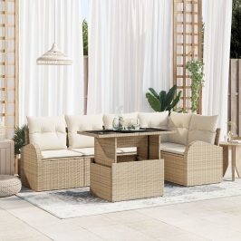 Conjunto de Sofá de Jardín de 6 Piezas con Cojines Beige de Rattan