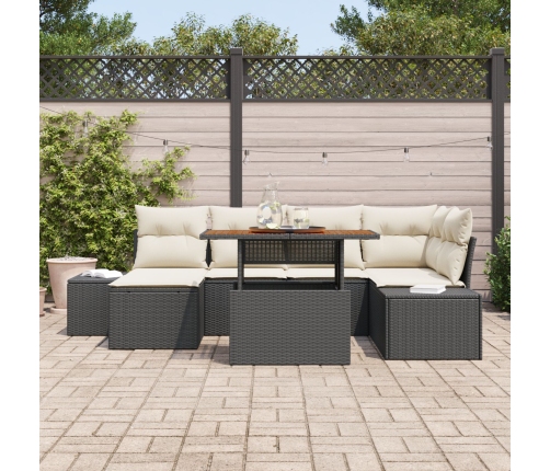 Conjunto de Comedor de Jardín de 7 Piezas con Cojines Negro Poliratán Acacia
