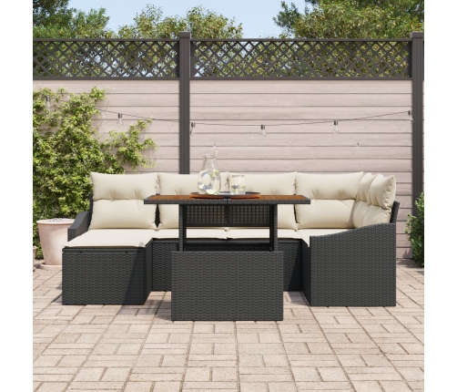 Conjunto de Comedor de Jardín de 7 Piezas con Cojines en Negro Poliratán Acacia