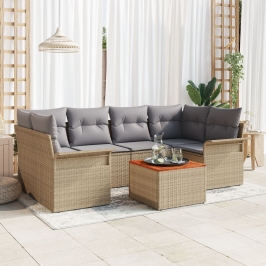 Conjunto de Sofá de Jardín de 7 Piezas con Cojines Beige Poliratán Acacia