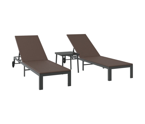 Tumbonas  2 pcs con Ruedas y Mesa Marrón Poliratán