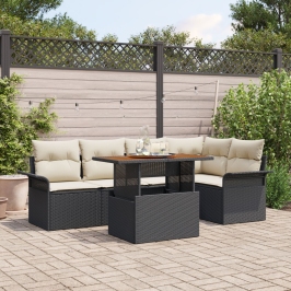 Conjunto de Comedor de Jardín de 6 Piezas con Cojines Negro Ratán Polimérico Acacia