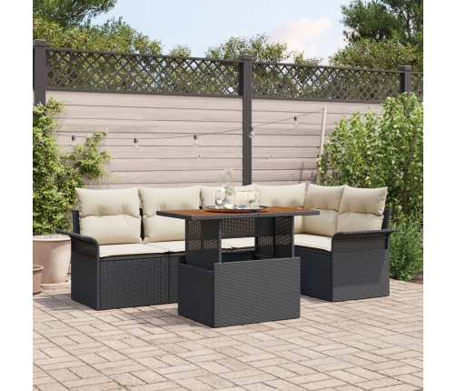 Conjunto de Comedor de Jardín de 6 Piezas con Cojines Negro Ratán Polimérico Acacia