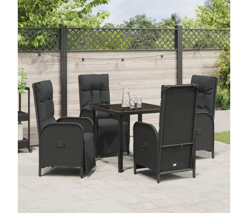 Juego de comedor para jardín  de 5 piezas con cojines, negro, poliratán