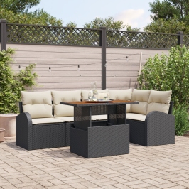 Conjunto de Comedor de Jardín de 6 Piezas con Cojines Negro Poliratán Acacia