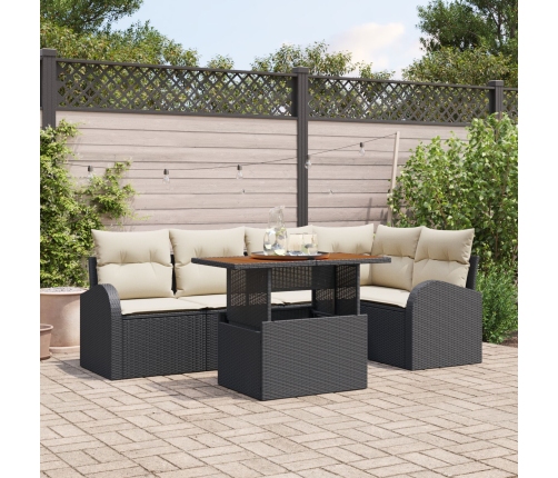 Conjunto de Comedor de Jardín de 6 Piezas con Cojines Negro Poliratán Acacia