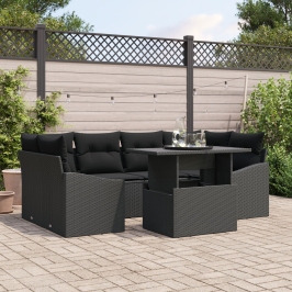 Set de Sofás de Jardín de 7 Piezas con Cojines Negros de Rattan PE