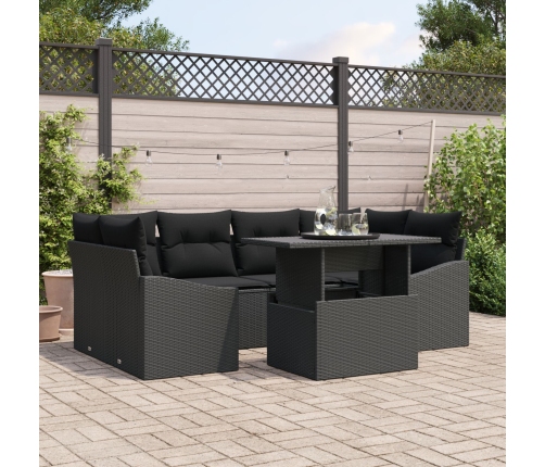 Set de Sofás de Jardín de 7 Piezas con Cojines Negros de Rattan PE