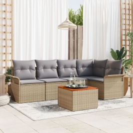 Conjunto de Sofá de Jardín de 6 Piezas con Cojines Beige Poliratán Acacia