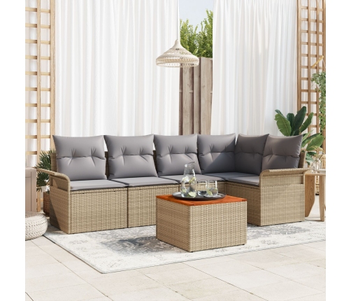 Conjunto de Sofá de Jardín de 6 Piezas con Cojines Beige Poliratán Acacia