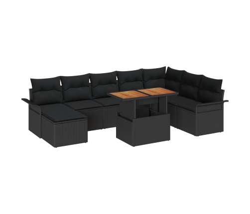 Conjunto de Comedor de Jardín de 9 Piezas con Cojines Negro Ratan Poliéster Acacia