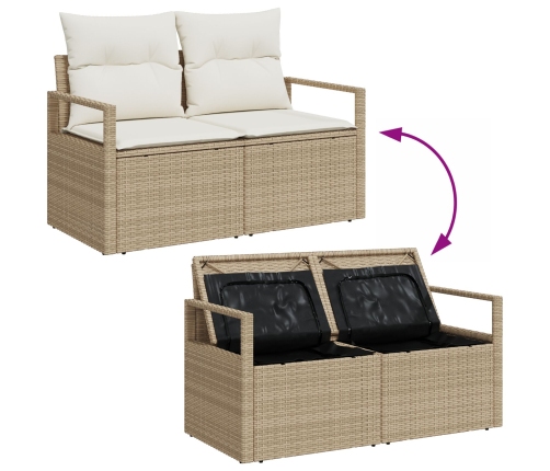 Juego de Sofás de Jardín de 6 Piezas con Cojines Beige Ratán,  Sofá de Jardín de 2 Plazas con Almacenamiento y Cojines Beige Ratán
