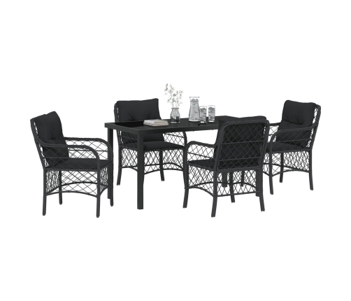 Juego de Comedor para Jardín de 5 Piezas con Cojines de Ratan Poliéster Negro