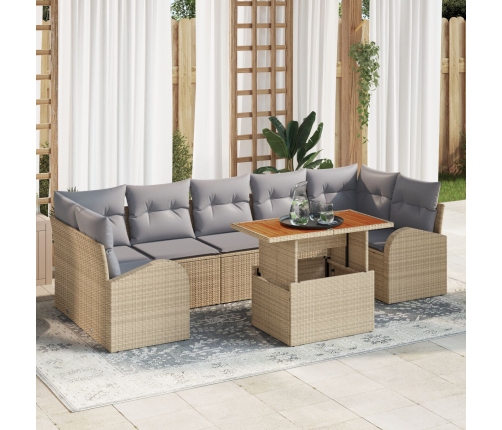 Conjunto de Comedor Jardín 8 Piezas con Cojines Beige Ratán Poliéster