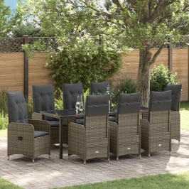 Conjunto de Comedor de Jardín de 9 Piezas con Cojines Poliratán Gris