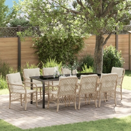 Conjunto de Comedor de Jardín  de 9 Piezas con Cojines Beige Poliratán