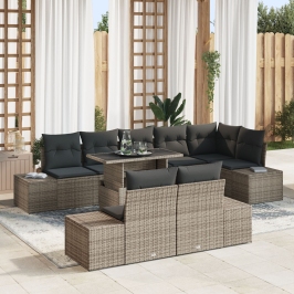 Conjunto de Sofá de Jardín  Set de 9 Marrón, Gris Ratán, Tela