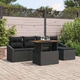 Conjunto de Comedor de Jardín de 6 Piezas con Cojines de Ratán Poliéster Negro