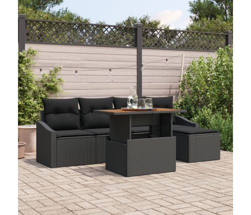 Conjunto de Comedor de Jardín de 6 Piezas con Cojines de Ratán Poliéster Negro