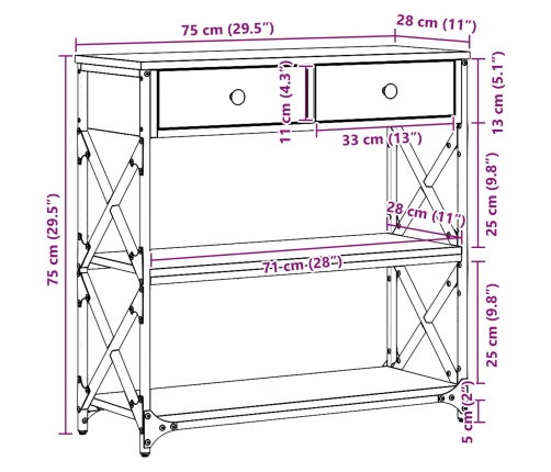 mesa consola de madera vieja 75x28x75 cm madera de ingeniería y acero