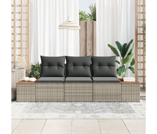 Conjunto de Sofá de Jardín de 3 Piezas con Cojines Gris Ratán Poliéster Acacia